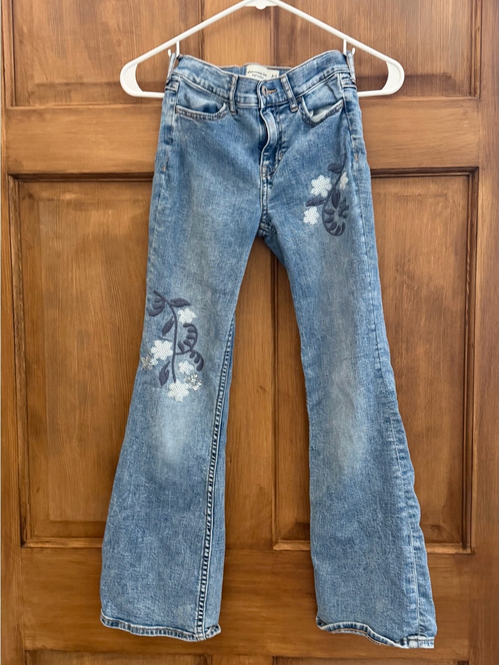 abercrombie kids Blue Denim Flare Jeans with White Floral Embroidery